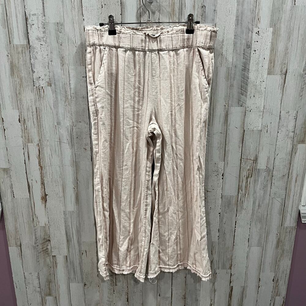 Beau Dawson Stripe Beige Linen Blend Crop Flowy Boho Wide Leg Pants Womens Med